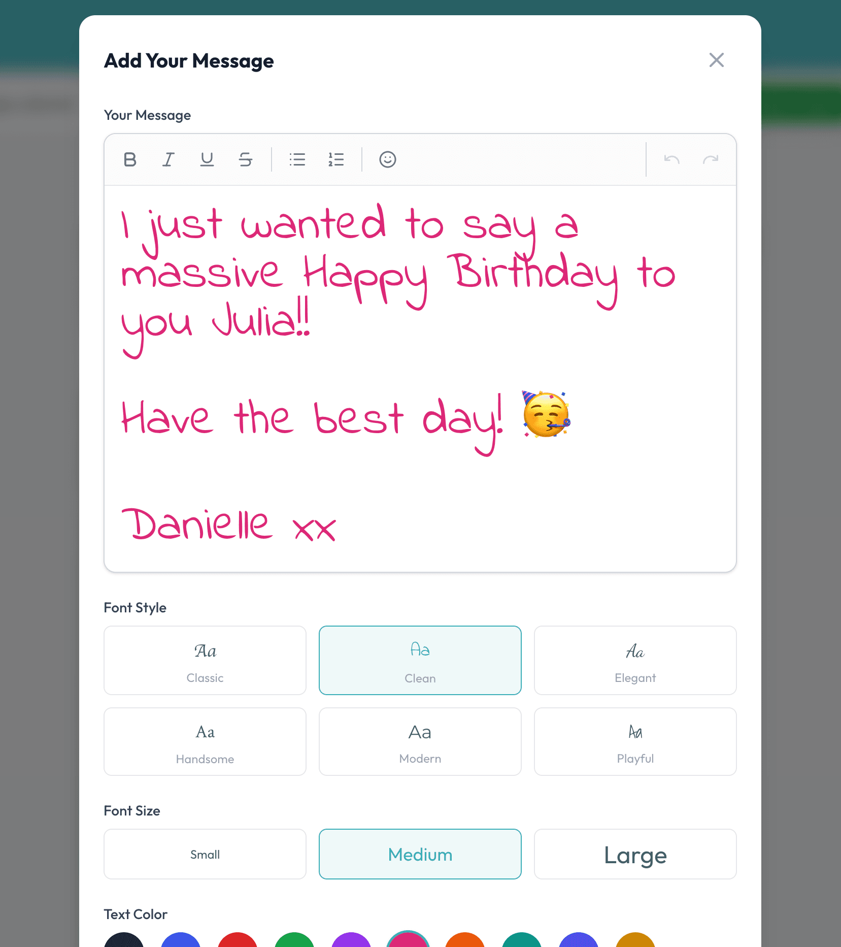 Screenshot of signing a card